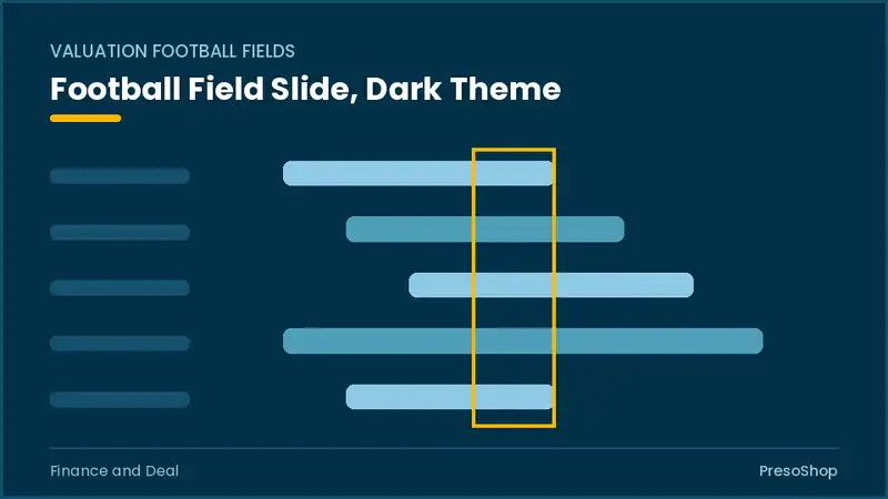Editable PowerPoint football field slide template in a dark theme, built from recolourable native shapes for finance and deal decks
