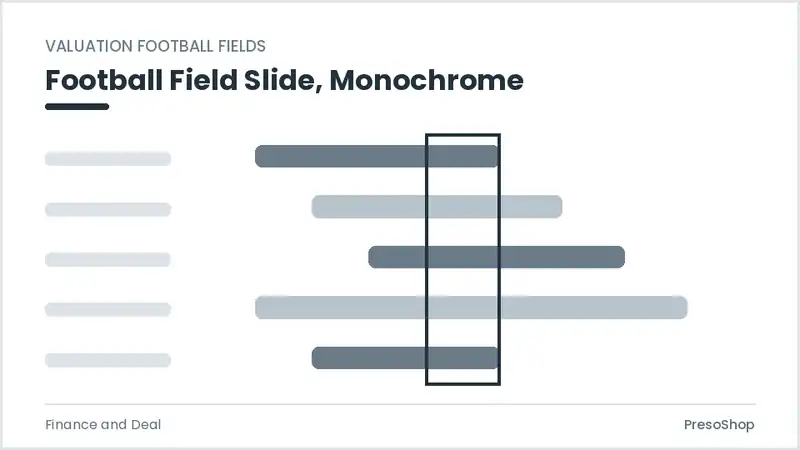 Editable PowerPoint football field slide template in a monochrome treatment, built from recolourable native shapes for finance and deal decks