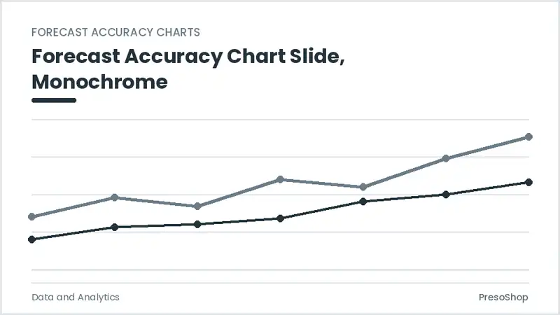 Editable PowerPoint forecast accuracy chart slide template in a monochrome treatment, built from recolourable native shapes for data and analytics decks