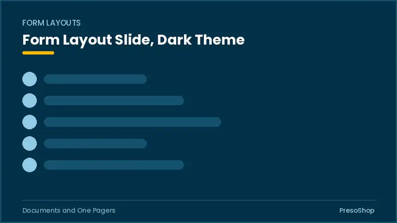 Editable PowerPoint form layout slide template in a dark theme, built from recolourable native shapes for documents and one pagers decks