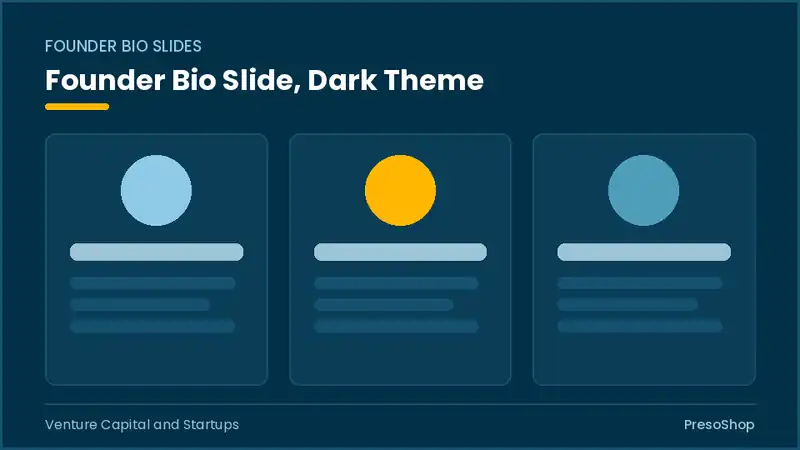 Editable PowerPoint founder bio slide template in a dark theme, built from recolourable native shapes for venture capital and startups decks