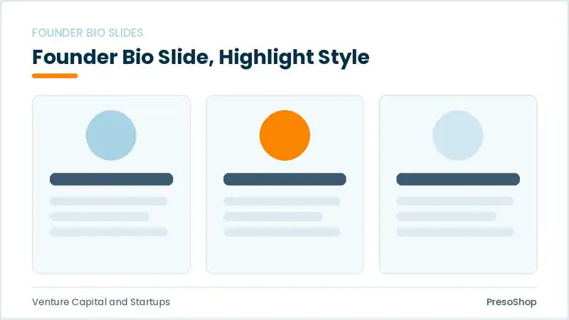 Editable PowerPoint founder bio slide template with an accented takeaway, built from recolourable native shapes for venture capital and startups decks