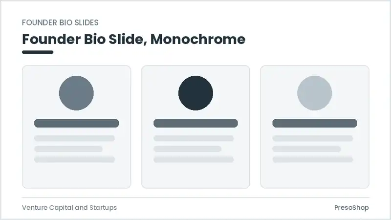 Editable PowerPoint founder bio slide template in a monochrome treatment, built from recolourable native shapes for venture capital and startups decks