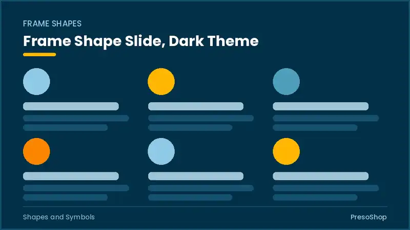 Editable PowerPoint frame shape slide template in a dark theme, built from recolourable native shapes for shapes and symbols decks
