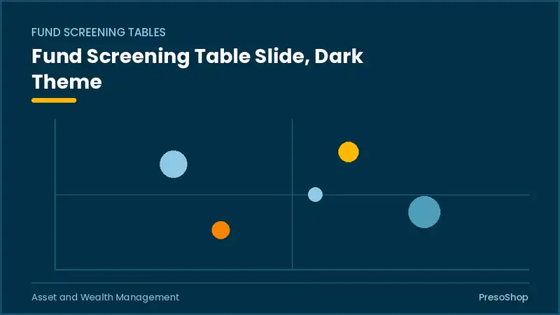 Editable PowerPoint fund screening table slide template in a dark theme, built from recolourable native shapes for asset and wealth management decks