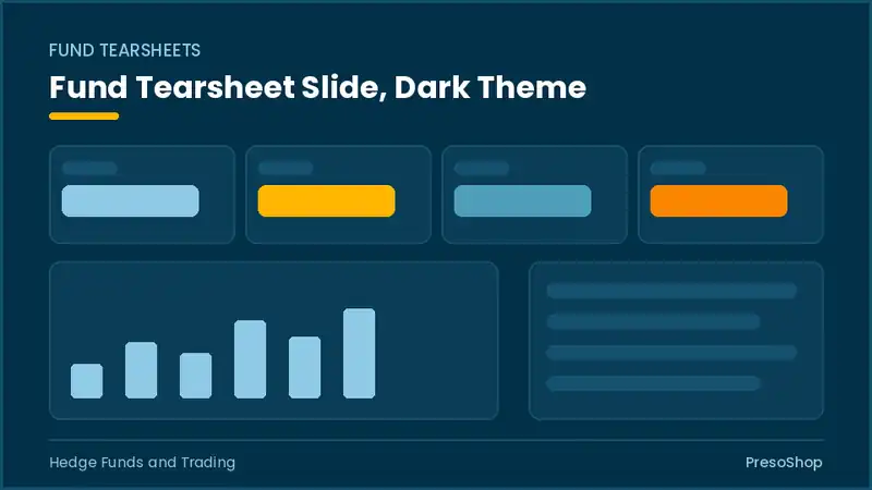 Editable PowerPoint fund tearsheet slide template in a dark theme, built from recolourable native shapes for hedge funds and trading decks