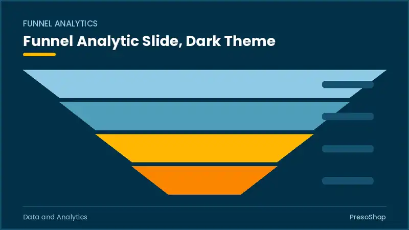 Editable PowerPoint funnel analytic slide template in a dark theme, built from recolourable native shapes for data and analytics decks