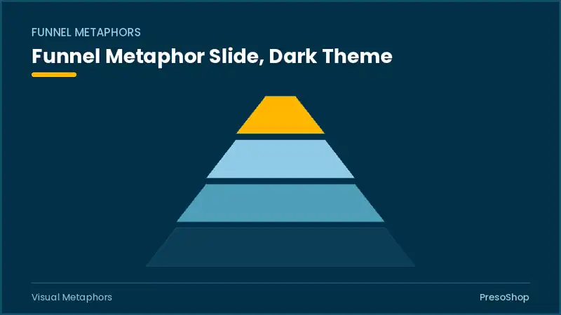 Editable PowerPoint funnel metaphor slide template in a dark theme, built from recolourable native shapes for visual metaphors decks