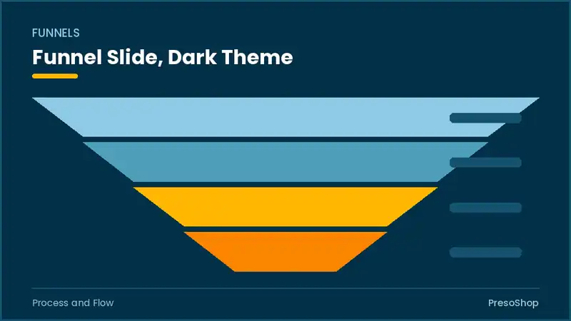 Editable PowerPoint funnel slide template in a dark theme, built from recolourable native shapes for process and flow decks