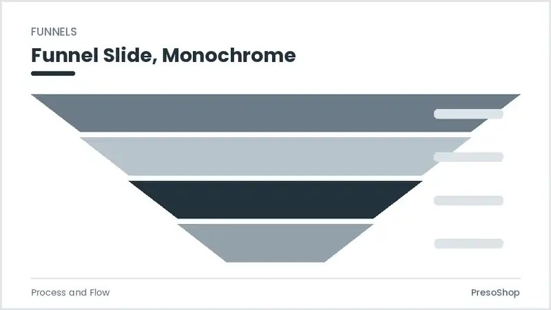 Editable PowerPoint funnel slide template in a monochrome treatment, built from recolourable native shapes for process and flow decks