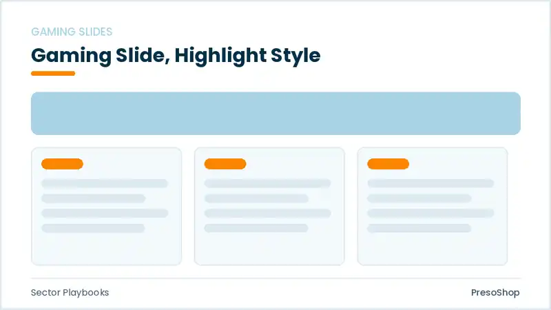 Editable PowerPoint gaming slide template with an accented takeaway, built from recolourable native shapes for sector playbooks decks