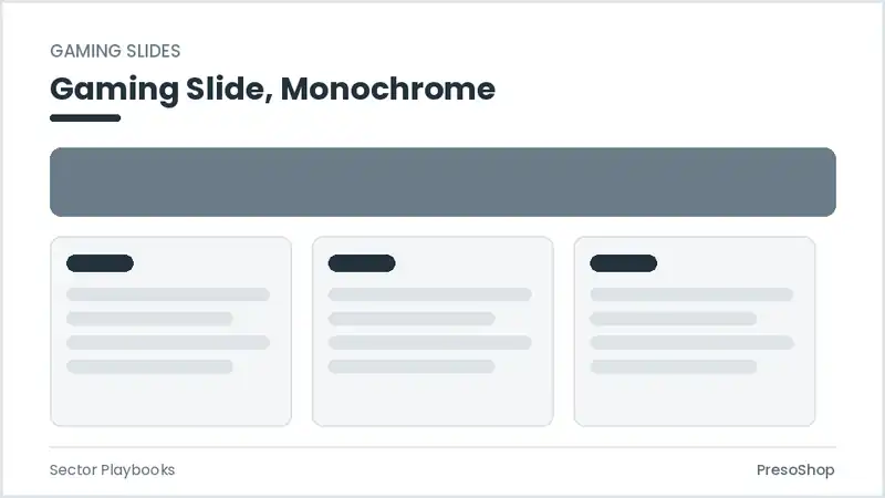 Editable PowerPoint gaming slide template in a monochrome treatment, built from recolourable native shapes for sector playbooks decks