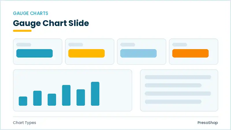 Editable PowerPoint gauge chart slide template, built from recolourable native shapes for chart types decks