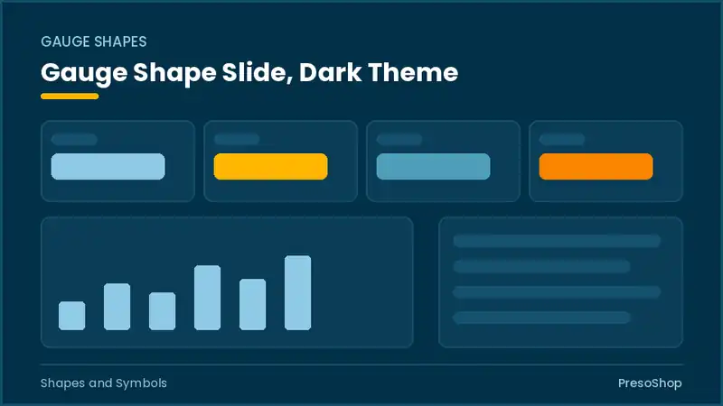 Editable PowerPoint gauge shape slide template in a dark theme, built from recolourable native shapes for shapes and symbols decks