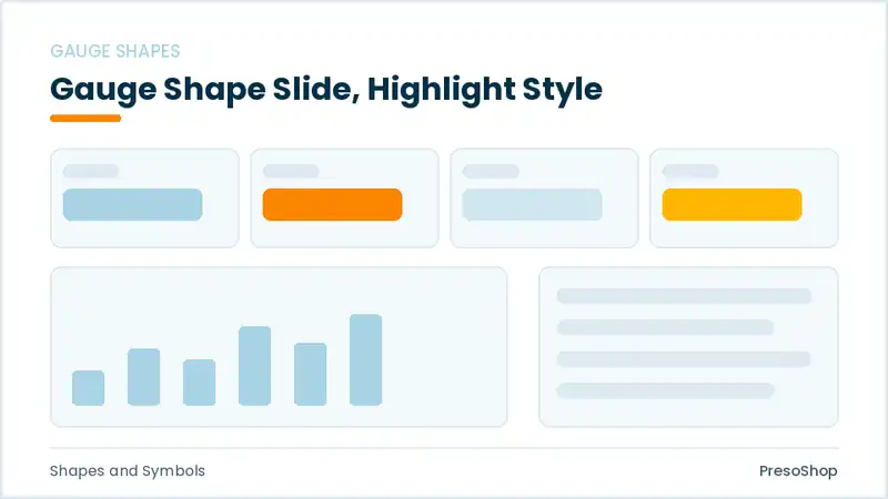 Editable PowerPoint gauge shape slide template with an accented takeaway, built from recolourable native shapes for shapes and symbols decks