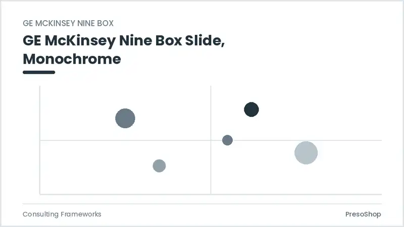 Editable PowerPoint ge mckinsey nine box slide template in a monochrome treatment, built from recolourable native shapes for consulting frameworks decks