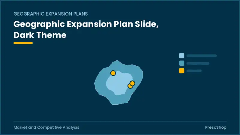 Editable PowerPoint geographic expansion plan slide template in a dark theme, built from recolourable native shapes for market and competitive analysis decks