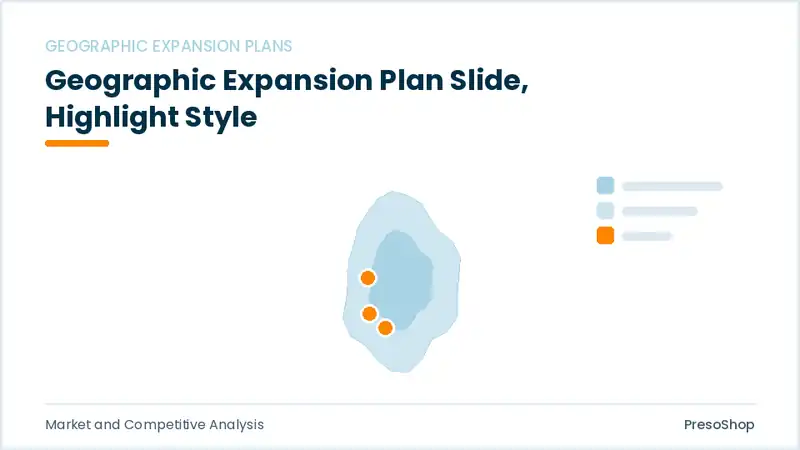 Editable PowerPoint geographic expansion plan slide template with an accented takeaway, built from recolourable native shapes for market and competitive analysis decks