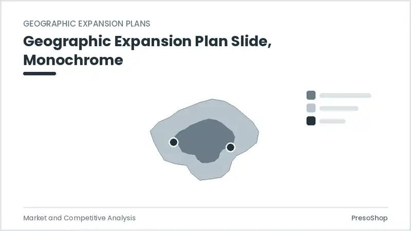 Editable PowerPoint geographic expansion plan slide template in a monochrome treatment, built from recolourable native shapes for market and competitive analysis decks