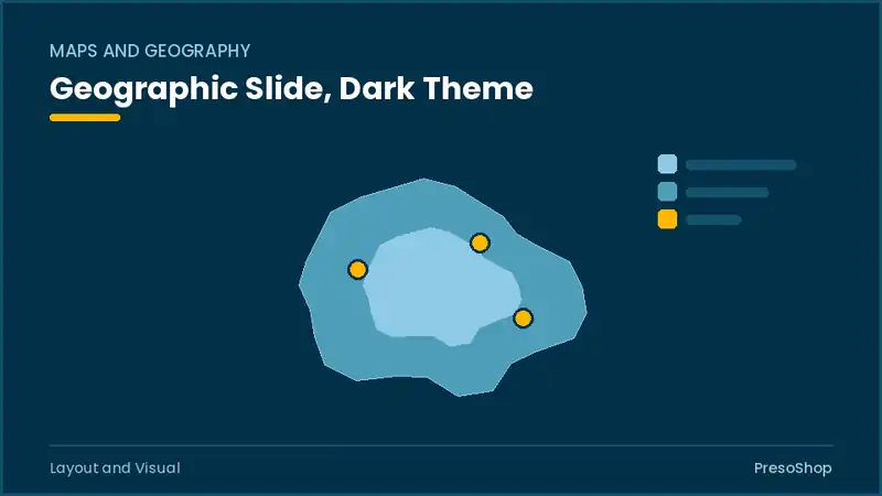 Editable PowerPoint geographic slide template in a dark theme, built from recolourable native shapes for layout and visual decks
