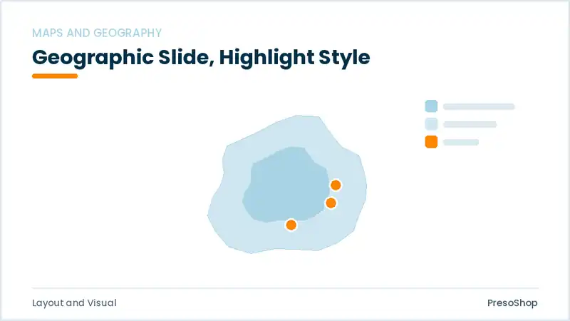 Editable PowerPoint geographic slide template with an accented takeaway, built from recolourable native shapes for layout and visual decks