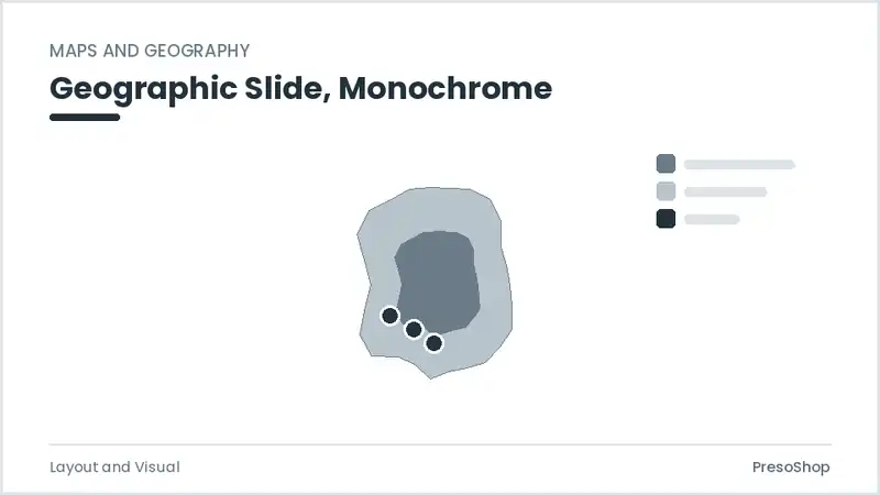Editable PowerPoint geographic slide template in a monochrome treatment, built from recolourable native shapes for layout and visual decks