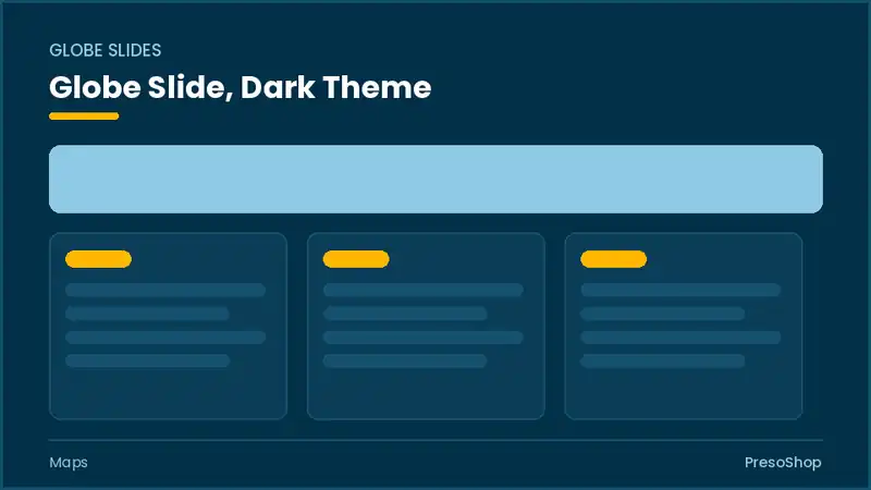 Editable PowerPoint globe slide template in a dark theme, built from recolourable native shapes for maps decks