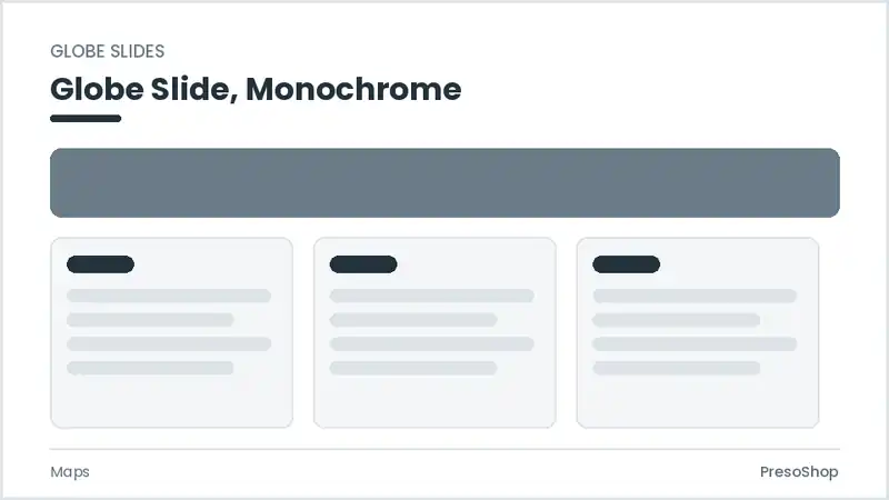 Editable PowerPoint globe slide template in a monochrome treatment, built from recolourable native shapes for maps decks