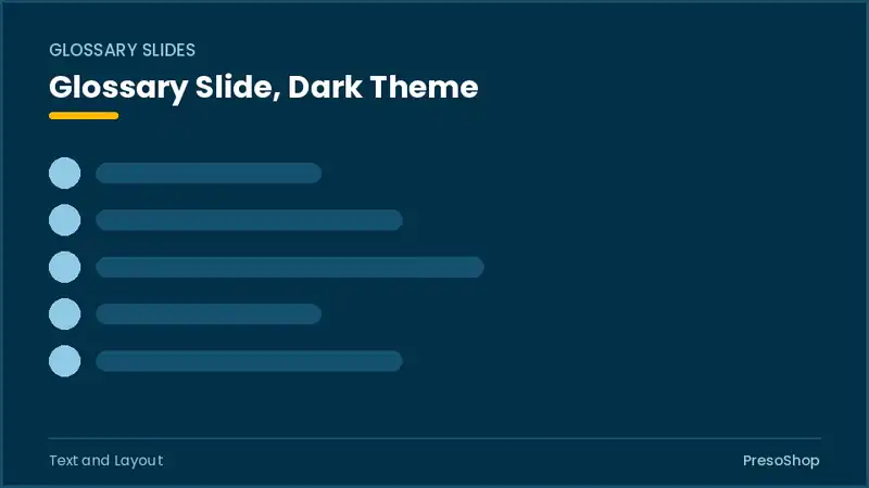 Editable PowerPoint glossary slide template in a dark theme, built from recolourable native shapes for text and layout decks