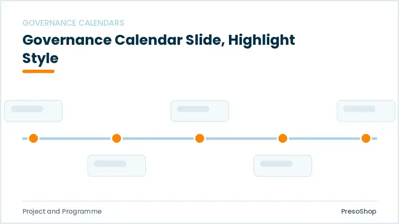 Editable PowerPoint governance calendar slide template with an accented takeaway, built from recolourable native shapes for project and programme decks