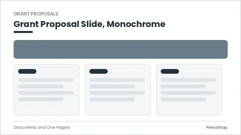 Editable PowerPoint grant proposal slide template in a monochrome treatment, built from recolourable native shapes for documents and one pagers decks