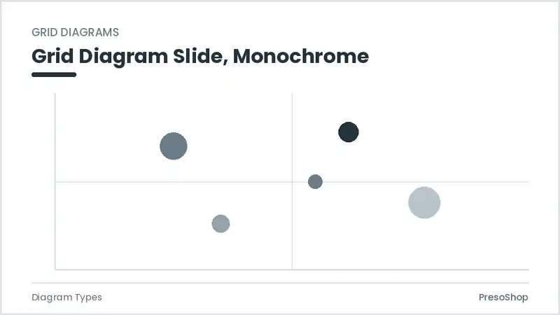 Editable PowerPoint grid diagram slide template in a monochrome treatment, built from recolourable native shapes for diagram types decks