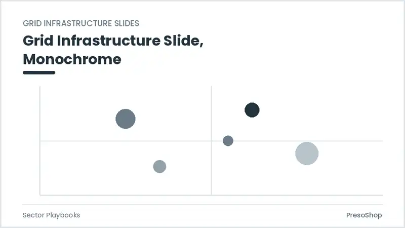 Editable PowerPoint grid infrastructure slide template in a monochrome treatment, built from recolourable native shapes for sector playbooks decks