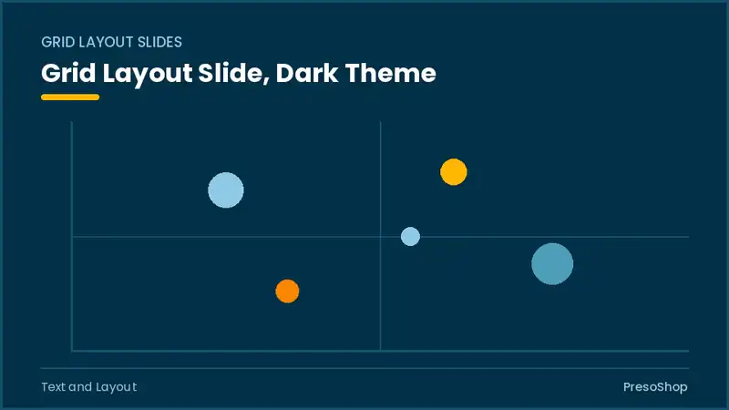 Editable PowerPoint grid layout slide template in a dark theme, built from recolourable native shapes for text and layout decks
