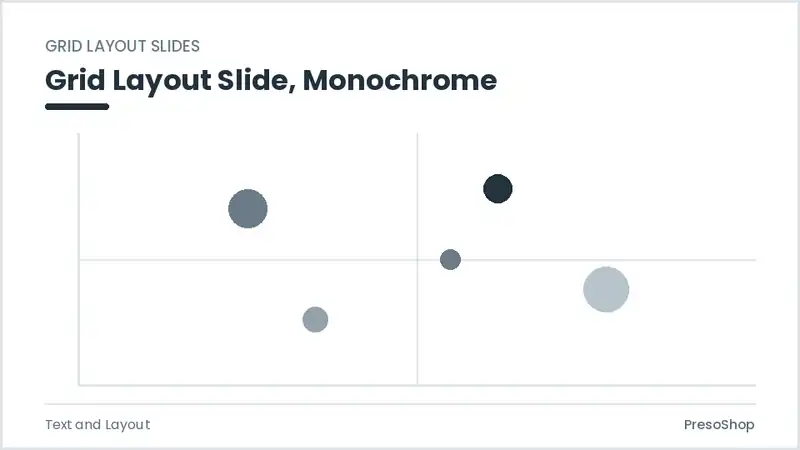 Editable PowerPoint grid layout slide template in a monochrome treatment, built from recolourable native shapes for text and layout decks