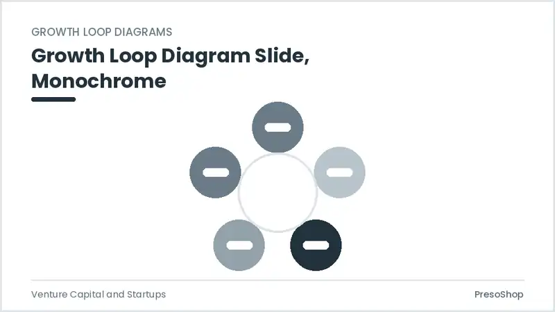 Editable PowerPoint growth loop diagram slide template in a monochrome treatment, built from recolourable native shapes for venture capital and startups decks