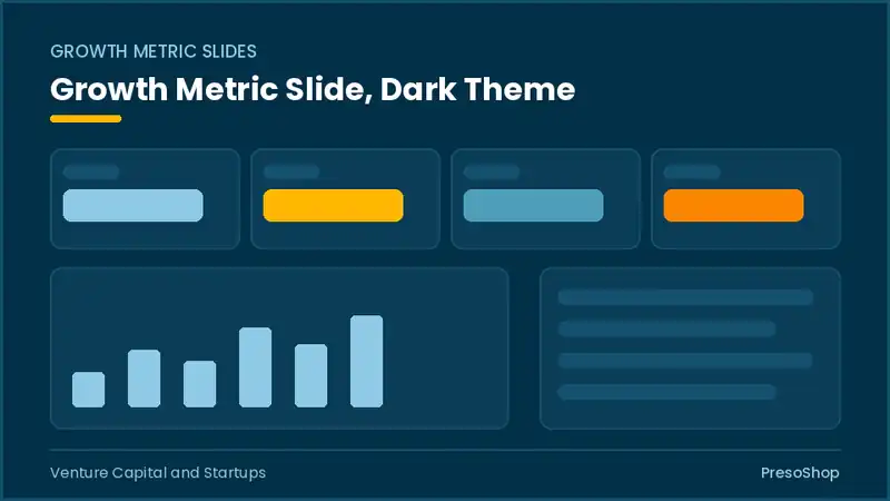 Editable PowerPoint growth metric slide template in a dark theme, built from recolourable native shapes for venture capital and startups decks