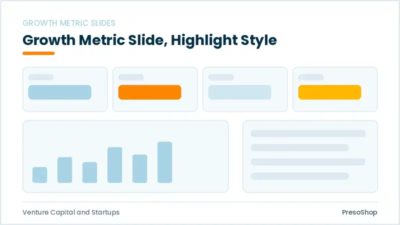 Editable PowerPoint growth metric slide template with an accented takeaway, built from recolourable native shapes for venture capital and startups decks