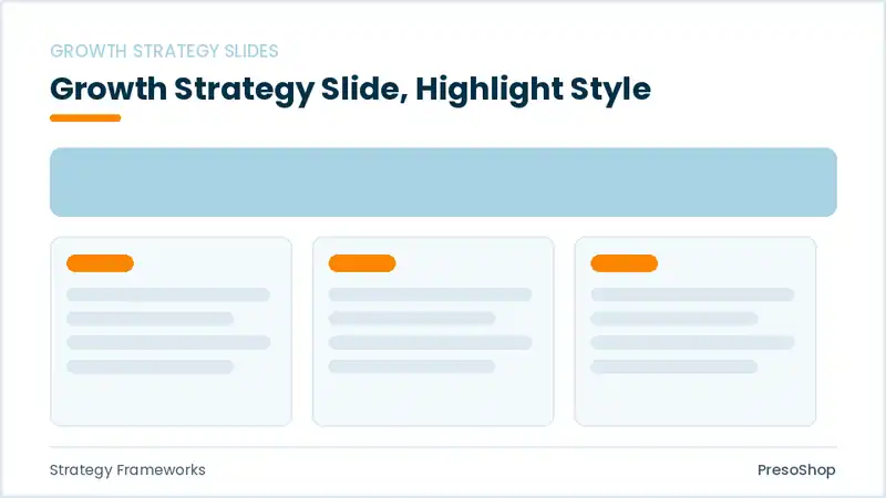 Editable PowerPoint growth strategy slide template with an accented takeaway, built from recolourable native shapes for strategy frameworks decks