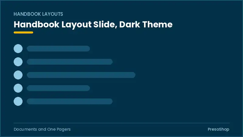 Editable PowerPoint handbook layout slide template in a dark theme, built from recolourable native shapes for documents and one pagers decks