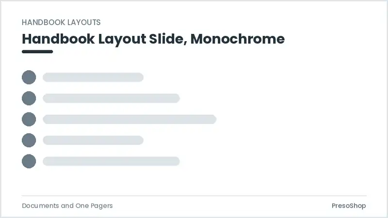 Editable PowerPoint handbook layout slide template in a monochrome treatment, built from recolourable native shapes for documents and one pagers decks