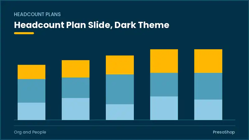 Editable PowerPoint headcount plan slide template in a dark theme, built from recolourable native shapes for org and people decks