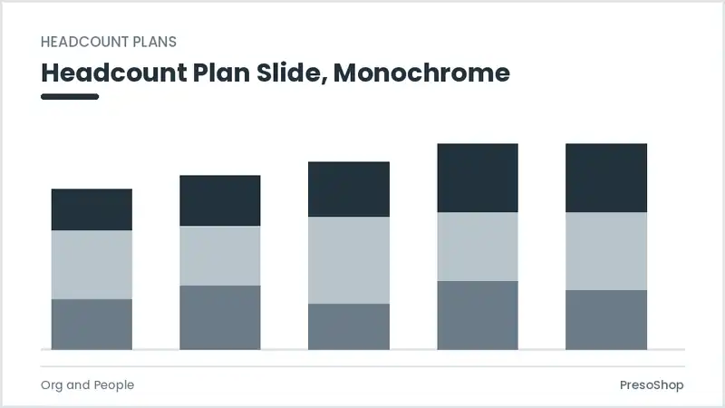 Editable PowerPoint headcount plan slide template in a monochrome treatment, built from recolourable native shapes for org and people decks