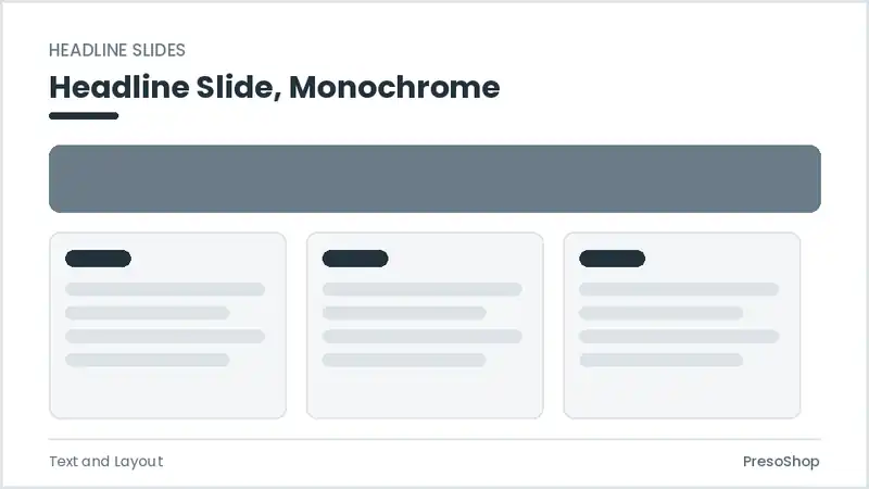 Editable PowerPoint headline slide template in a monochrome treatment, built from recolourable native shapes for text and layout decks