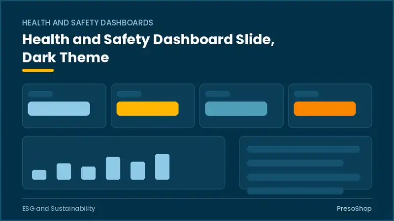 Editable PowerPoint health and safety dashboard slide template in a dark theme, built from recolourable native shapes for esg and sustainability decks