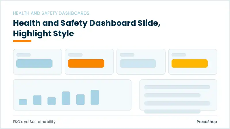 Editable PowerPoint health and safety dashboard slide template with an accented takeaway, built from recolourable native shapes for esg and sustainability decks