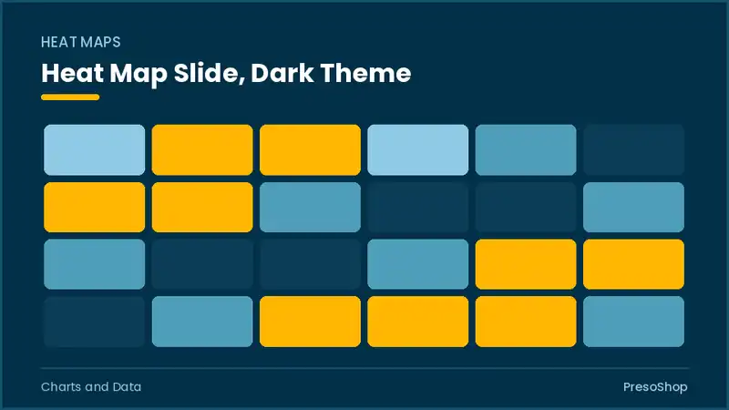 Editable PowerPoint heat map slide template in a dark theme, built from recolourable native shapes for charts and data decks