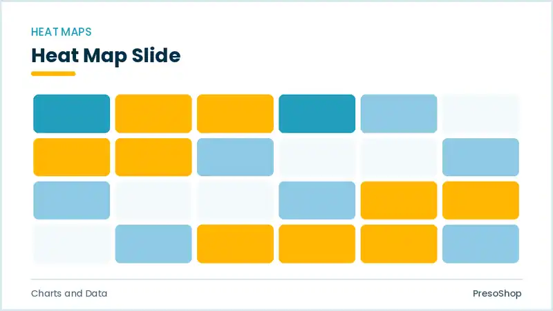 Editable PowerPoint heat map slide template, built from recolourable native shapes for charts and data decks