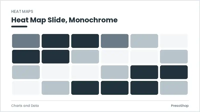 Editable PowerPoint heat map slide template in a monochrome treatment, built from recolourable native shapes for charts and data decks