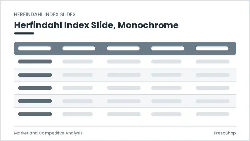 Editable PowerPoint herfindahl index slide template in a monochrome treatment, built from recolourable native shapes for market and competitive analysis decks